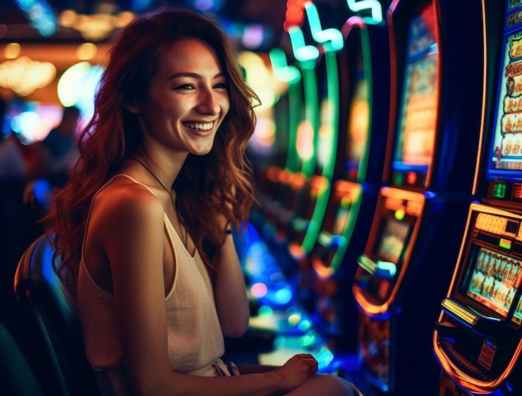 Pemandangan live casino dengan dealer dan pemain di latar belakang studio